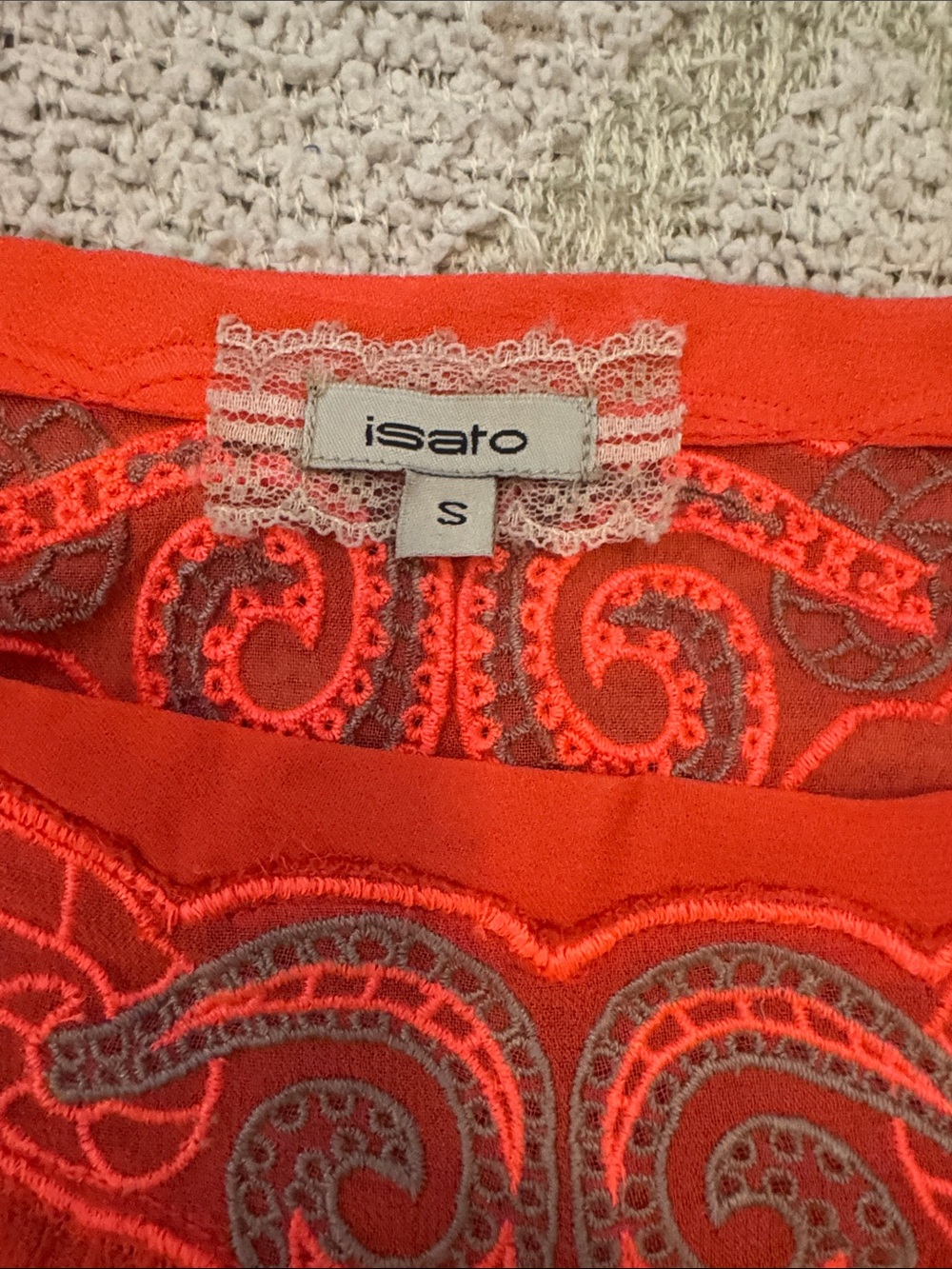 iSato Neon Coral Embroidered Mesh Blouse Paisley Sheer Top Size Small - Picture 2 of 3